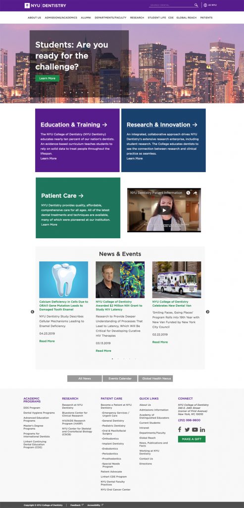 NYU Dental Homepage, Desktop View