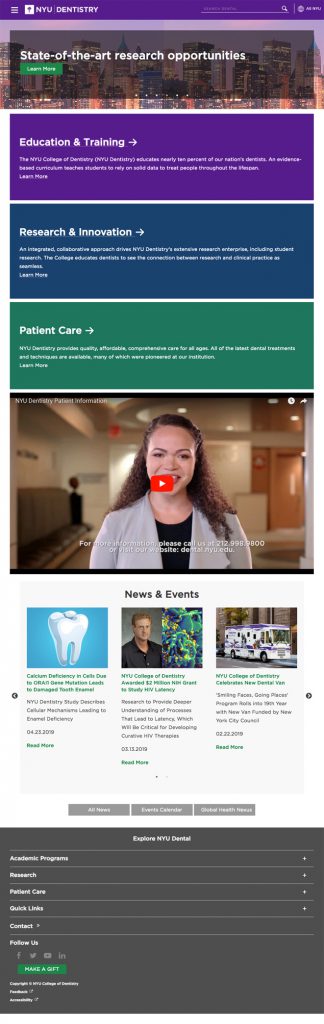 NYU Dental Homepage, Responsive Desktop View