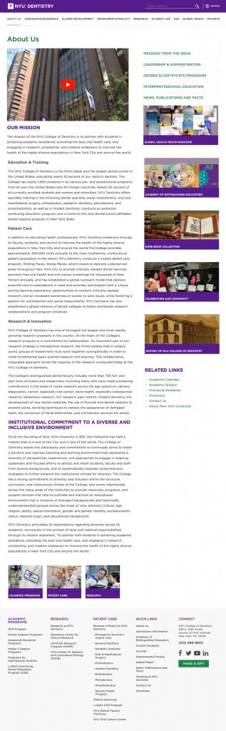 NYU Dental About, Desktop View